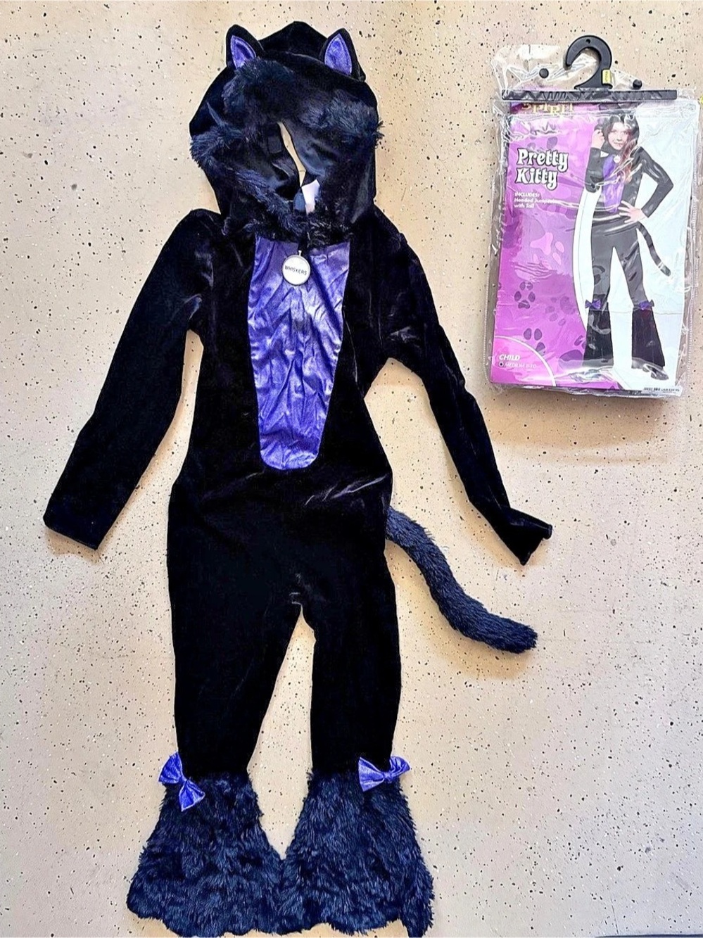 Spirit Pretty Kitty Girls Black & Purple Hood Jumpsuit Costume w/Tail Sz M 8-10
